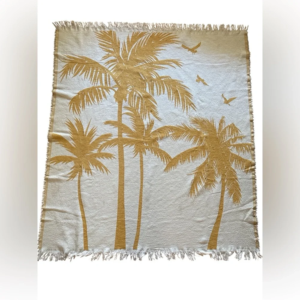 Tropical Palm Tree Throw Blanket Set of 2  - Mustard Yellow Gold and White Cream